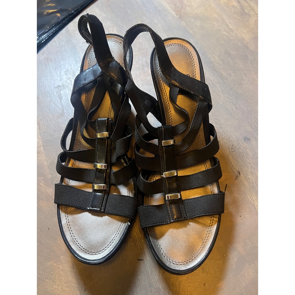 Impo Womens Wedge Sandals Viera Stretch Strappy Black 7.5M Flawed